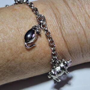 Silver Tone Spider Pig Mouse Horse Charm Toggle Bracelet 6" Small Size